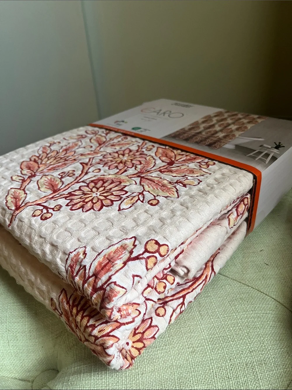 Caro Home Jasmine Coral Floral Waffle Weave Set in 100% Cotton Women Owned NWT